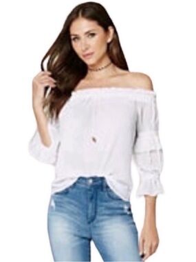 Bebe White Off The Shoulder 3/4 Ruffle Sleeve Top Size Small